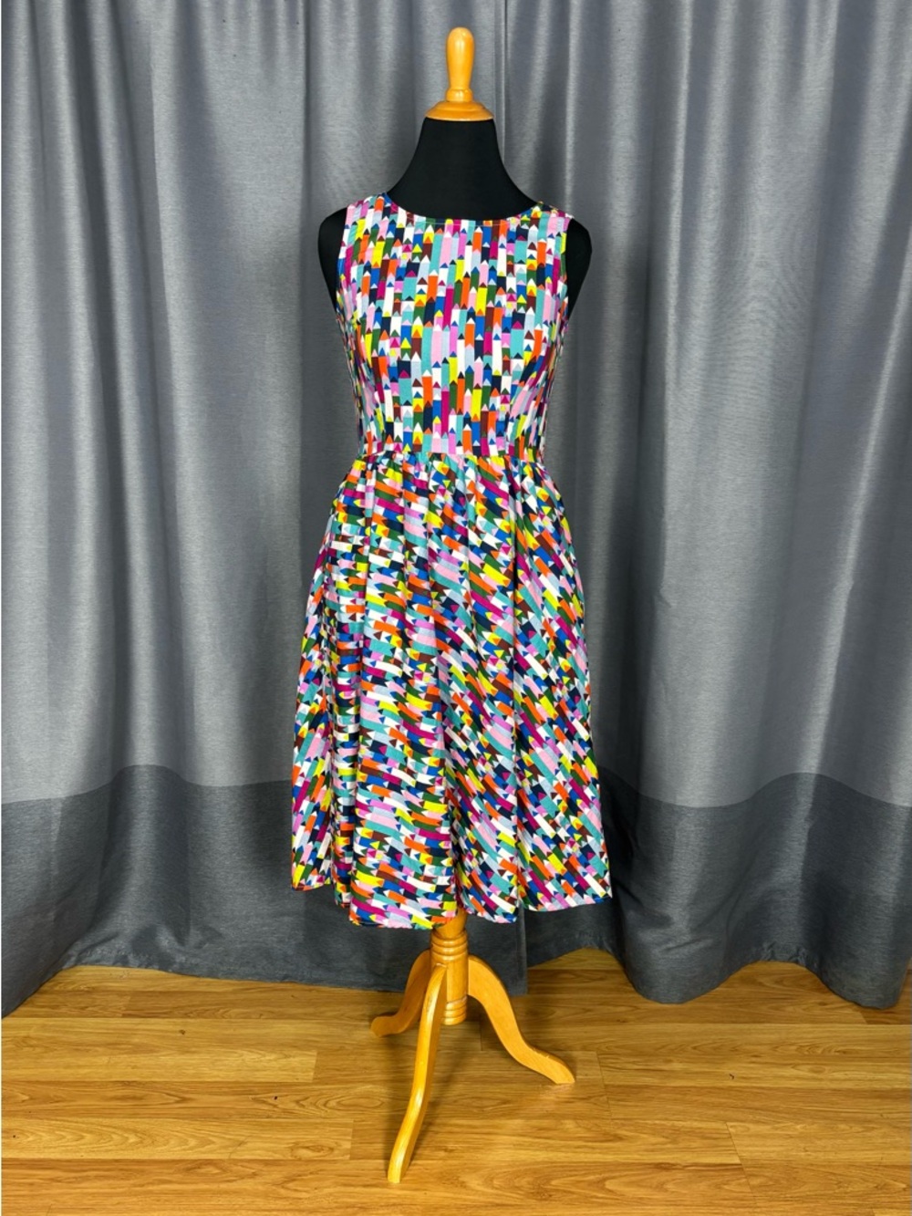 Retrolicious Multicolor Geometric Pencil Print Cotton Midi Dress L